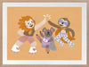 Three furry friends in retro outfits high-fiving on skates against a warm peach background, from the Little Tails collection by Urban Road.