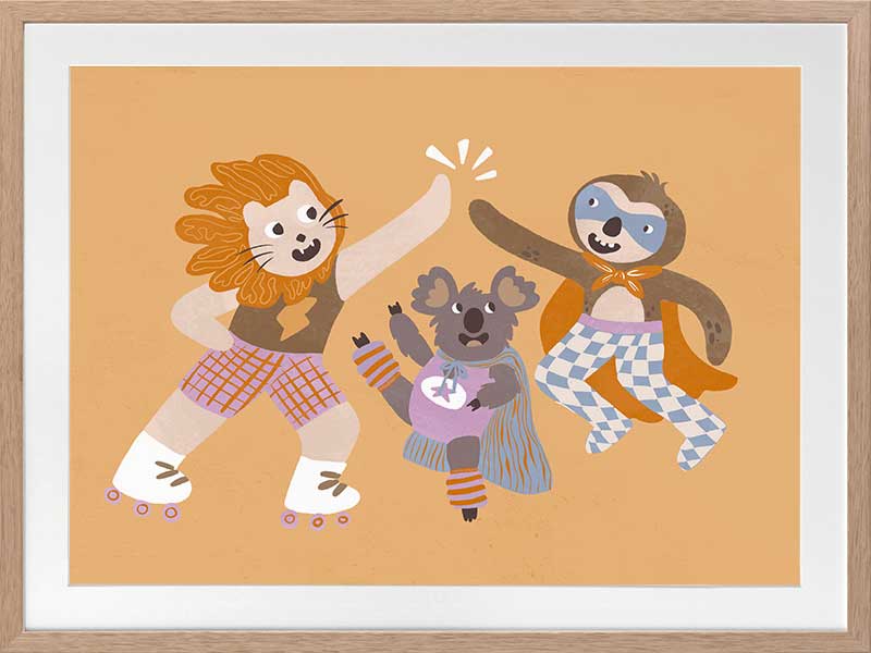 Three furry friends in retro outfits high-fiving on skates against a warm peach background, from the Little Tails collection by Urban Road.