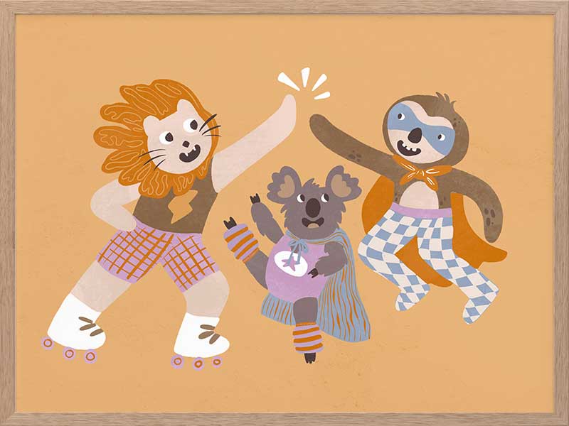 Three furry friends in retro outfits high-fiving on skates against a warm peach background, from the Little Tails collection by Urban Road.