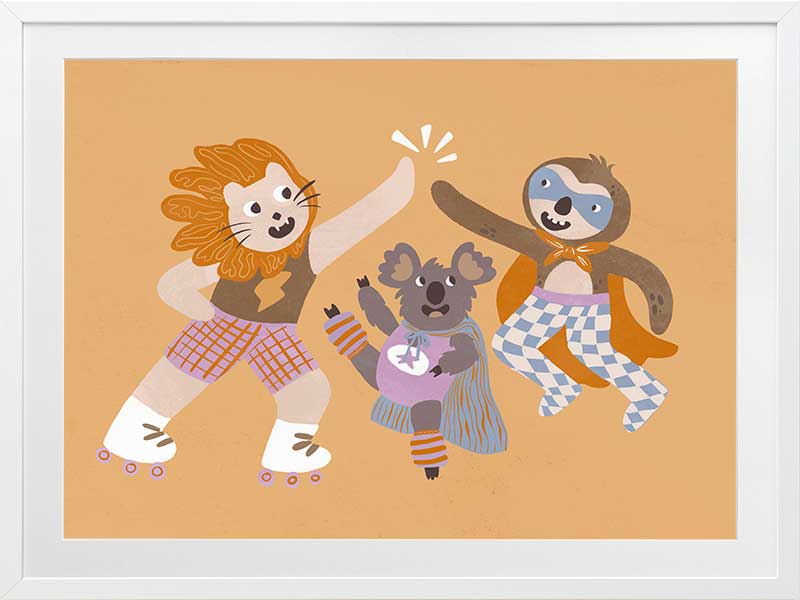Three furry friends in retro outfits high-fiving on skates against a warm peach background, from the Little Tails collection by Urban Road.