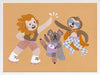 Three furry friends in retro outfits high-fiving on skates against a warm peach background, from the Little Tails collection by Urban Road.