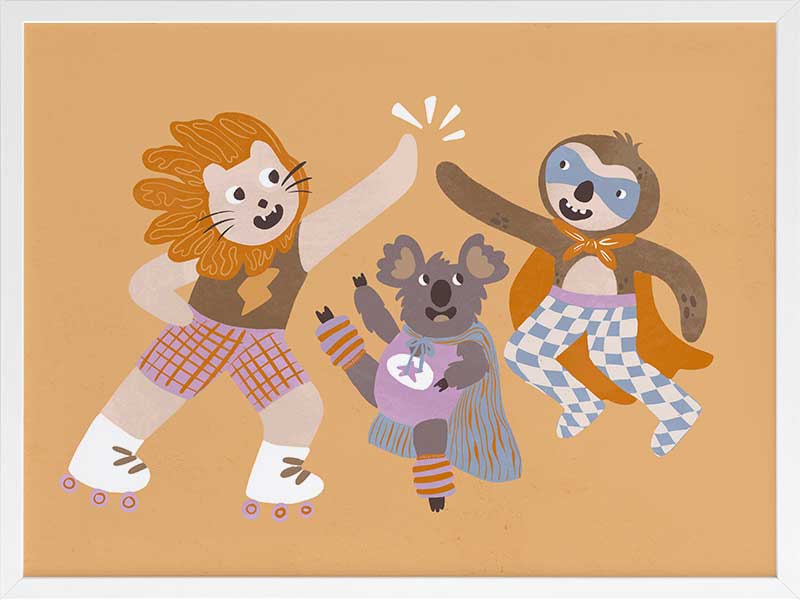 Three furry friends in retro outfits high-fiving on skates against a warm peach background, from the Little Tails collection by Urban Road.