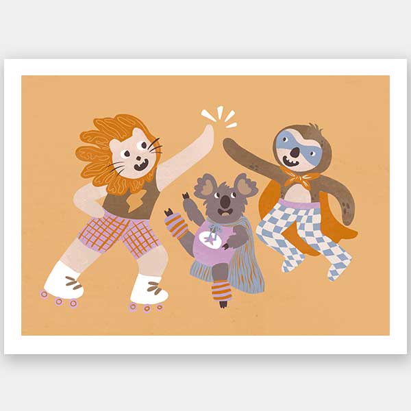 Three furry friends in retro outfits high-fiving on skates against a warm peach background, from the Little Tails collection by Urban Road.