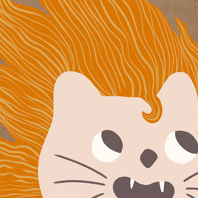 Bold-maned lion peeks in close-up with playful whiskers and tiny teeth on warm orange and soft browns, from the Little Tails collection by Urban Road.