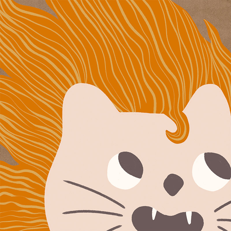 Bold-maned lion peeks in close-up with playful whiskers and tiny teeth on warm orange and soft browns, from the Little Tails collection by Urban Road.