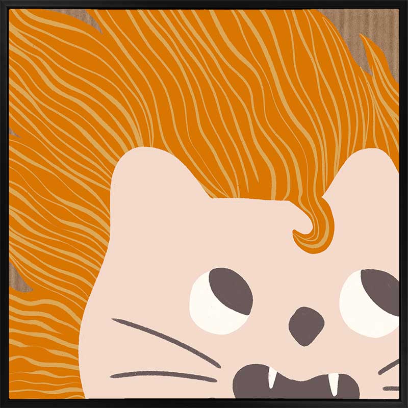 Bold-maned lion peeks in close-up with playful whiskers and tiny teeth on warm orange and soft browns, from the Little Tails collection by Urban Road.