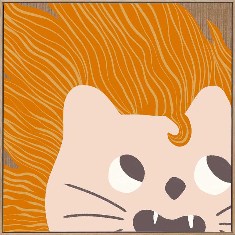 Bold-maned lion peeks in close-up with playful whiskers and tiny teeth on warm orange and soft browns, from the Little Tails collection by Urban Road.