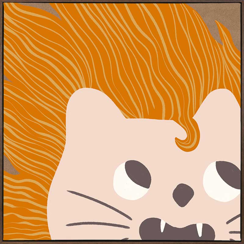 Bold-maned lion peeks in close-up with playful whiskers and tiny teeth on warm orange and soft browns, from the Little Tails collection by Urban Road.