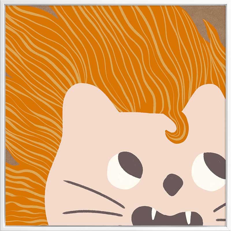 Bold-maned lion peeks in close-up with playful whiskers and tiny teeth on warm orange and soft browns, from the Little Tails collection by Urban Road.