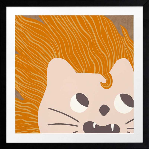 Bold-maned lion peeks in close-up with playful whiskers and tiny teeth on warm orange and soft browns, from the Little Tails collection by Urban Road.