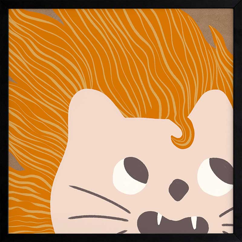 Bold-maned lion peeks in close-up with playful whiskers and tiny teeth on warm orange and soft browns, from the Little Tails collection by Urban Road.