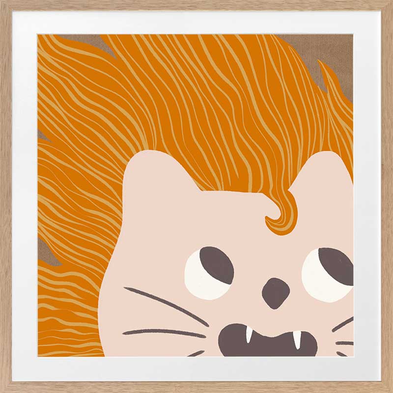 Bold-maned lion peeks in close-up with playful whiskers and tiny teeth on warm orange and soft browns, from the Little Tails collection by Urban Road.