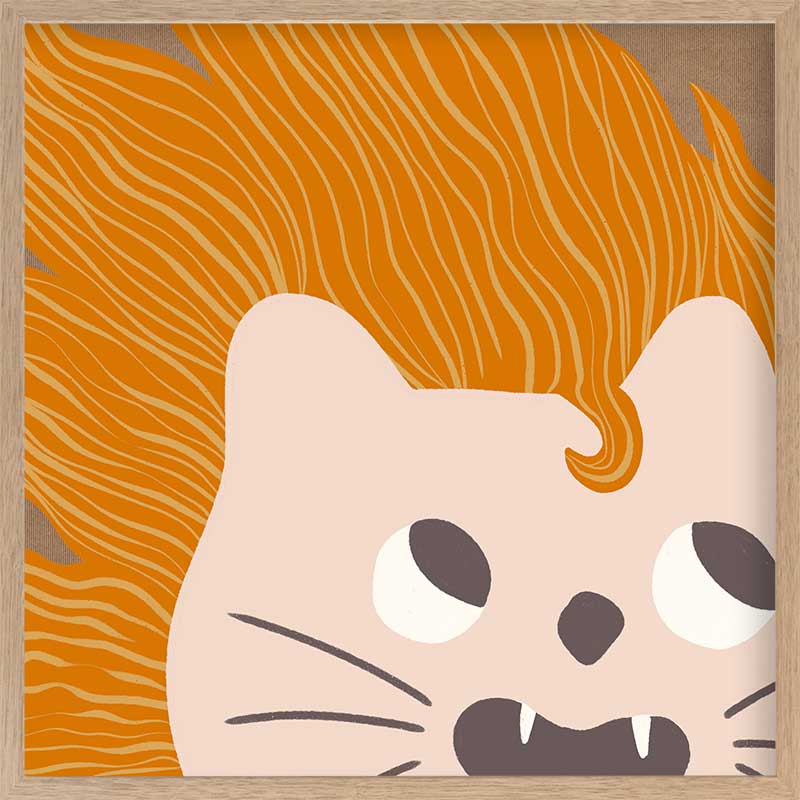 Bold-maned lion peeks in close-up with playful whiskers and tiny teeth on warm orange and soft browns, from the Little Tails collection by Urban Road.