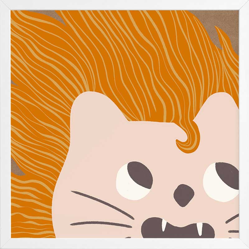 Bold-maned lion peeks in close-up with playful whiskers and tiny teeth on warm orange and soft browns, from the Little Tails collection by Urban Road.