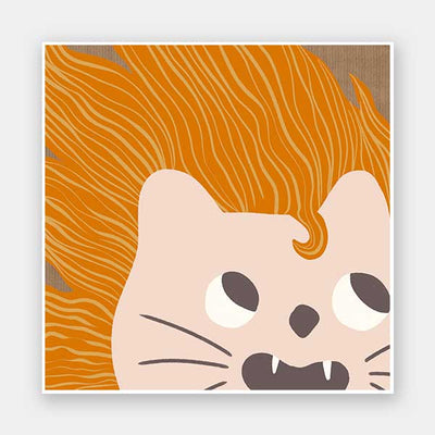 Bold-maned lion peeks in close-up with playful whiskers and tiny teeth on warm orange and soft browns, from the Little Tails collection by Urban Road.