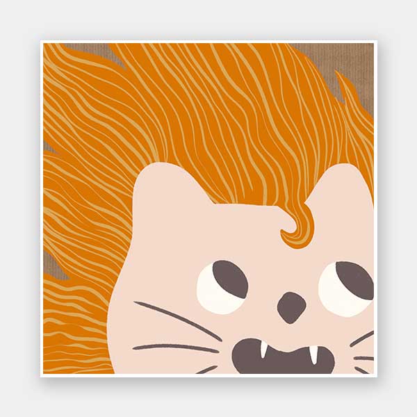 Bold-maned lion peeks in close-up with playful whiskers and tiny teeth on warm orange and soft browns, from the Little Tails collection by Urban Road.