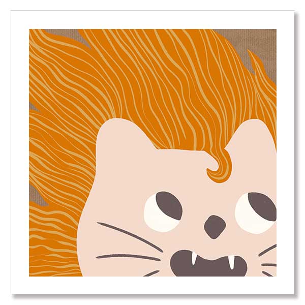 Bold-maned lion peeks in close-up with playful whiskers and tiny teeth on warm orange and soft browns, from the Little Tails collection by Urban Road.