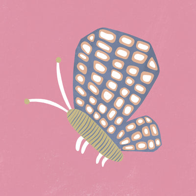 Butterfly with patterned wings on a pink background with soft grey accents, from the Little Tails Collection by Urban Road.