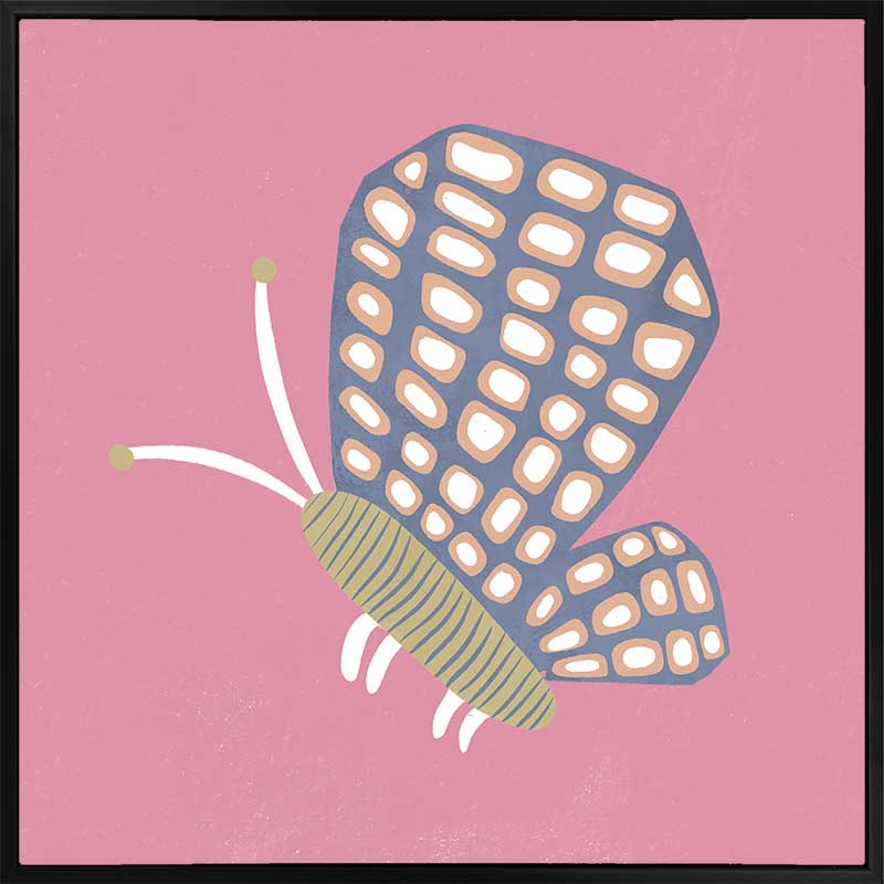 Butterfly with patterned wings on a pink background with soft grey accents, from the Little Tails Collection by Urban Road.