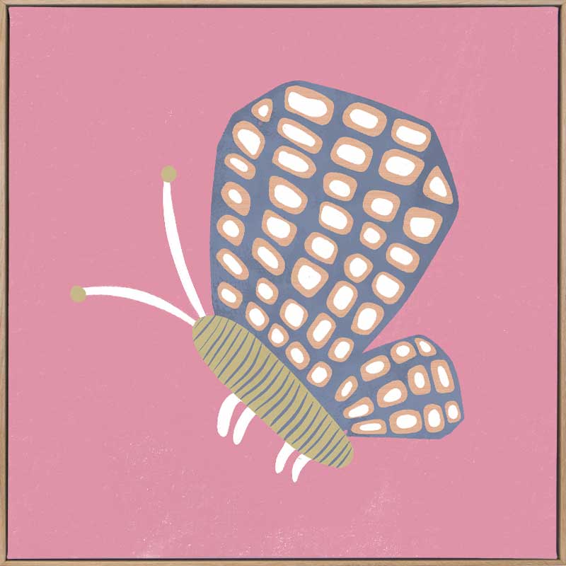 Butterfly with patterned wings on a pink background with soft grey accents, from the Little Tails Collection by Urban Road.