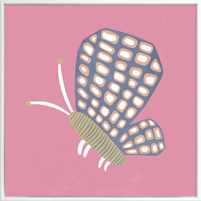 Butterfly with patterned wings on a pink background with soft grey accents, from the Little Tails Collection by Urban Road.