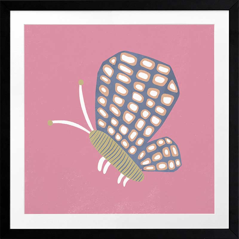 Butterfly with patterned wings on a pink background with soft grey accents, from the Little Tails Collection by Urban Road.