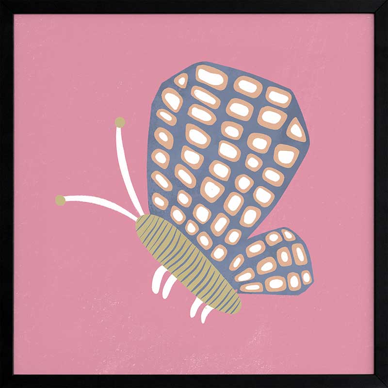 Butterfly with patterned wings on a pink background with soft grey accents, from the Little Tails Collection by Urban Road.