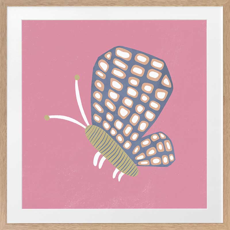 Butterfly with patterned wings on a pink background with soft grey accents, from the Little Tails Collection by Urban Road.