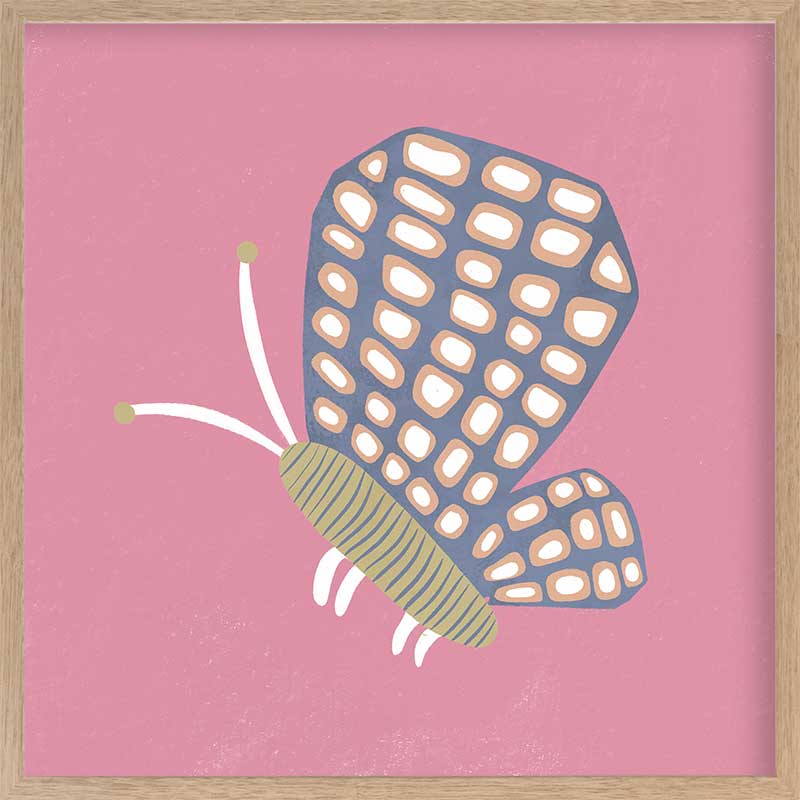 Butterfly with patterned wings on a pink background with soft grey accents, from the Little Tails Collection by Urban Road.