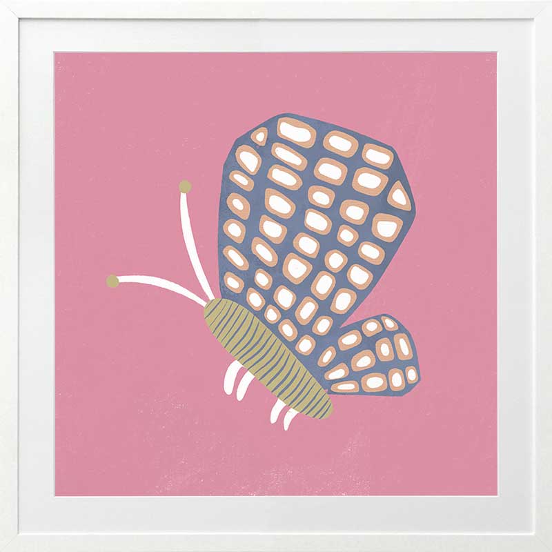 Butterfly with patterned wings on a pink background with soft grey accents, from the Little Tails Collection by Urban Road.