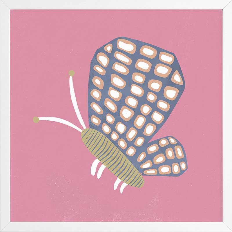 Butterfly with patterned wings on a pink background with soft grey accents, from the Little Tails Collection by Urban Road.