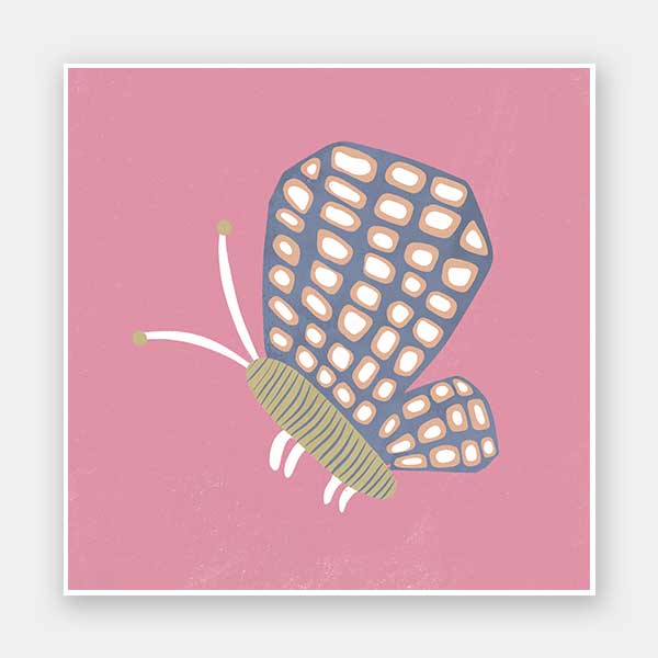 Butterfly with patterned wings on a pink background with soft grey accents, from the Little Tails Collection by Urban Road.