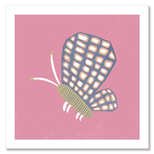 Butterfly with patterned wings on a pink background with soft grey accents, from the Little Tails Collection by Urban Road.
