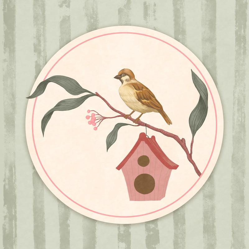 Charming bird perched by a tiny house within a soft green pastel medallion, from the Little Tails Collection by Urban Road.