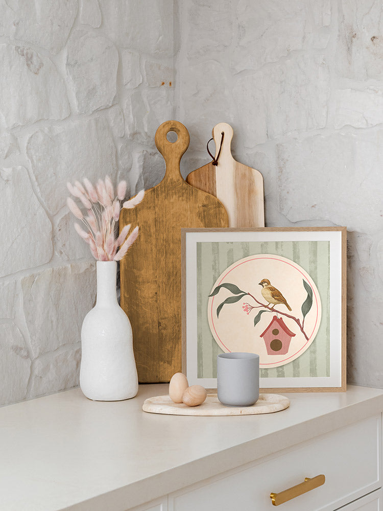 Birdhouse Tales Green Framed Art Print | Lifestyle