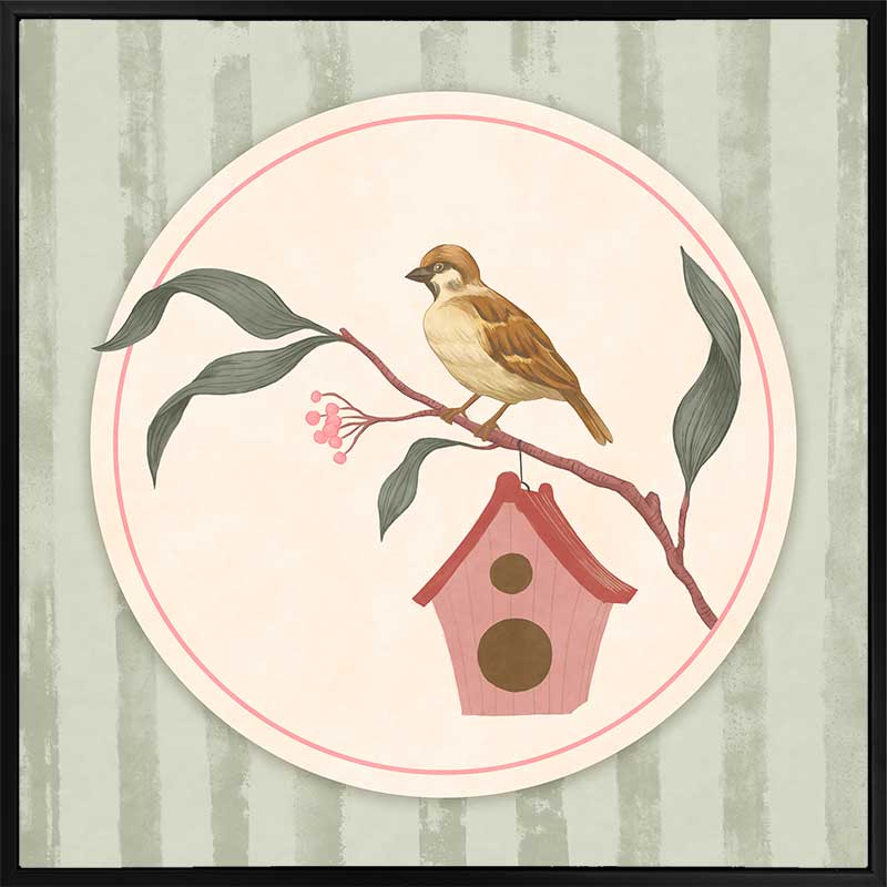 Charming bird perched by a tiny house within a soft green pastel medallion, from the Little Tails Collection by Urban Road.