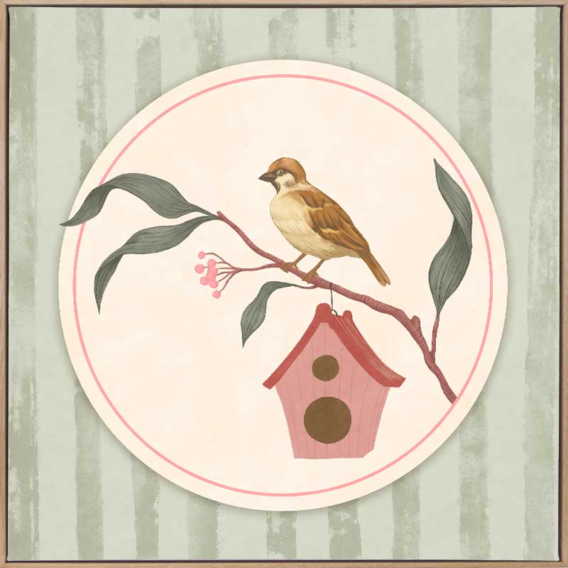 Charming bird perched by a tiny house within a soft green pastel medallion, from the Little Tails Collection by Urban Road.