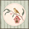 Charming bird perched by a tiny house within a soft green pastel medallion, from the Little Tails Collection by Urban Road.