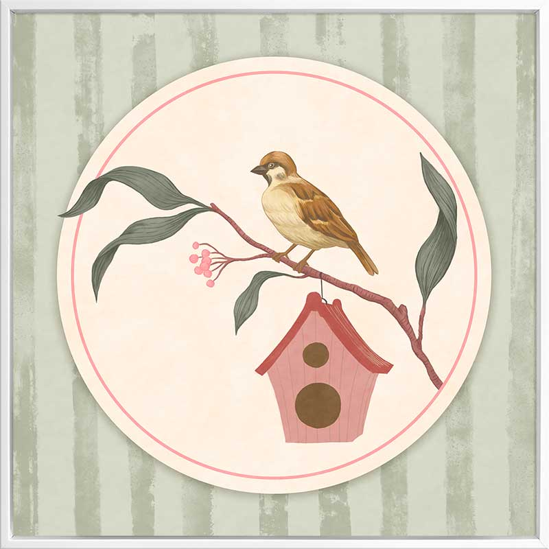 Charming bird perched by a tiny house within a soft green pastel medallion, from the Little Tails Collection by Urban Road.