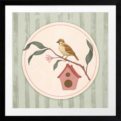 Charming bird perched by a tiny house within a soft green pastel medallion, from the Little Tails Collection by Urban Road.