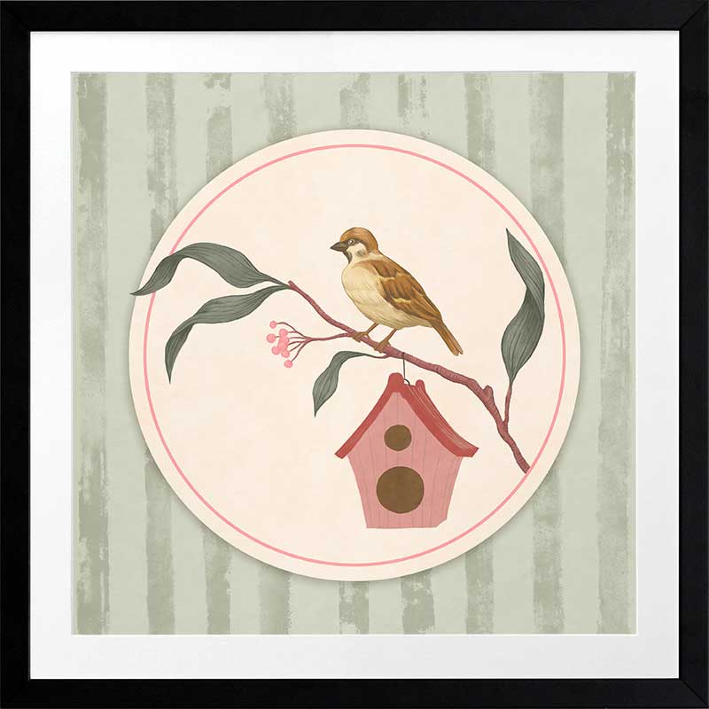 Charming bird perched by a tiny house within a soft green pastel medallion, from the Little Tails Collection by Urban Road.