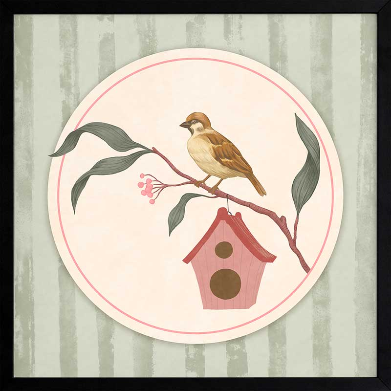 Charming bird perched by a tiny house within a soft green pastel medallion, from the Little Tails Collection by Urban Road.