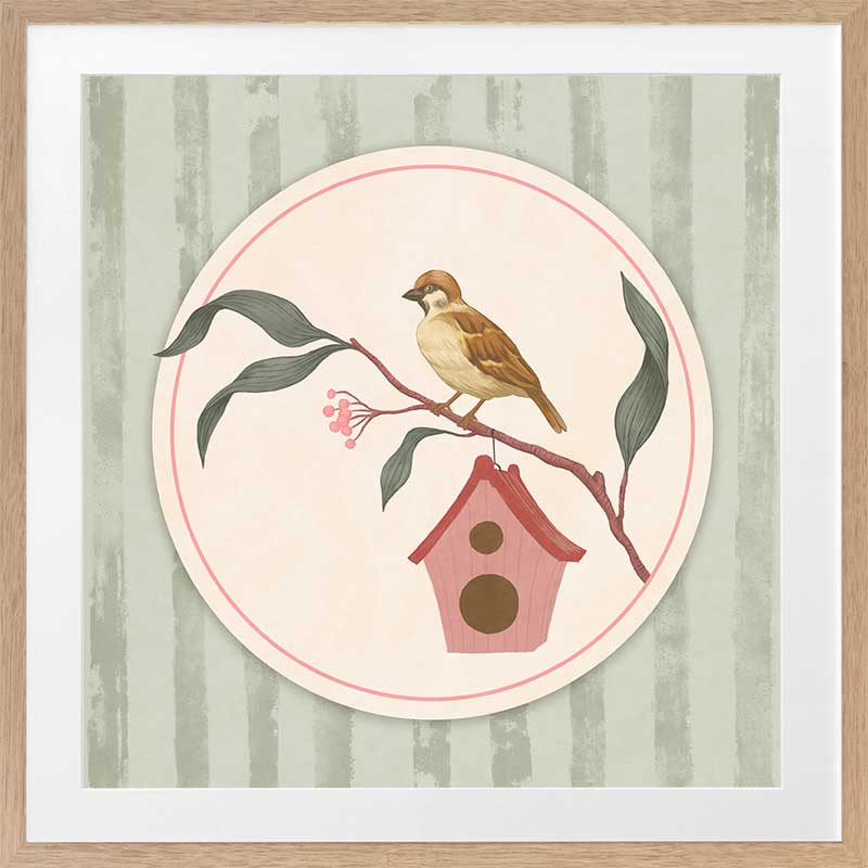 Charming bird perched by a tiny house within a soft green pastel medallion, from the Little Tails Collection by Urban Road.