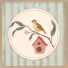 Charming bird perched by a tiny house within a soft green pastel medallion, from the Little Tails Collection by Urban Road.