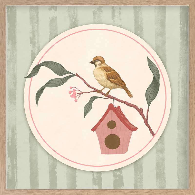 Charming bird perched by a tiny house within a soft green pastel medallion, from the Little Tails Collection by Urban Road.