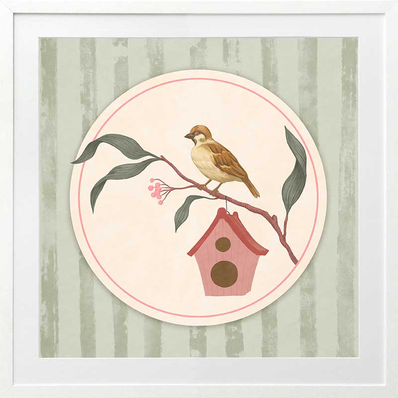 Charming bird perched by a tiny house within a soft green pastel medallion, from the Little Tails Collection by Urban Road.