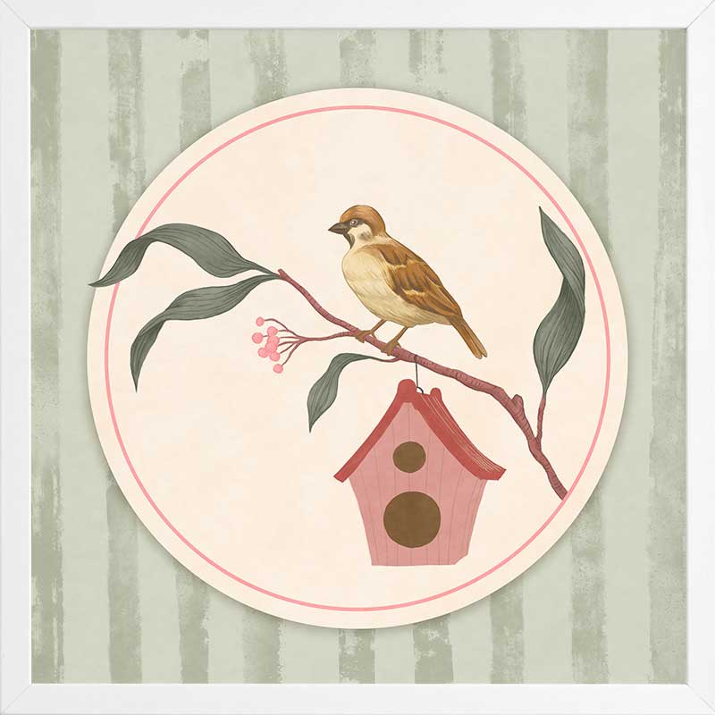 Charming bird perched by a tiny house within a soft green pastel medallion, from the Little Tails Collection by Urban Road.