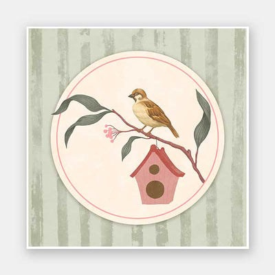 Charming bird perched by a tiny house within a soft green pastel medallion, from the Little Tails Collection by Urban Road.