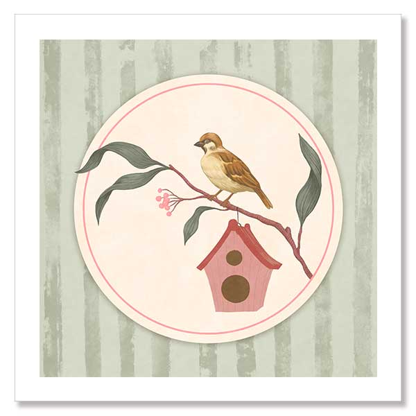 Charming bird perched by a tiny house within a soft green pastel medallion, from the Little Tails Collection by Urban Road.