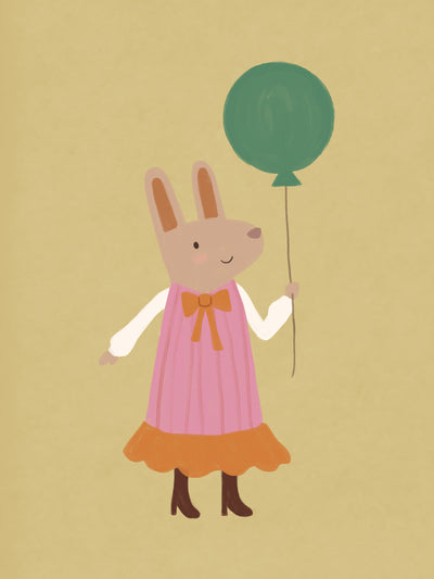 Rabbit in a pink striped dress holding a green balloon on a warm gold backdrop with pink accents, from the Little Tails Collection by Urban Road.